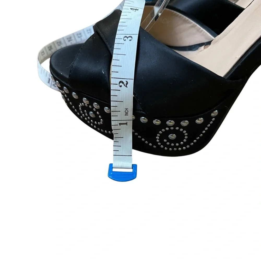 Chic Black Satin Platform Heel Sandals with Silver Studded‎ Accents Ankle strap